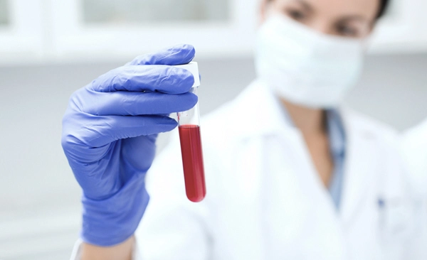 close up of young female scientist holding test tube with blood sample