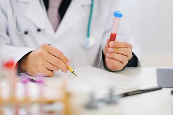 closeup on hands of medical doctor holding blood sample and making notes