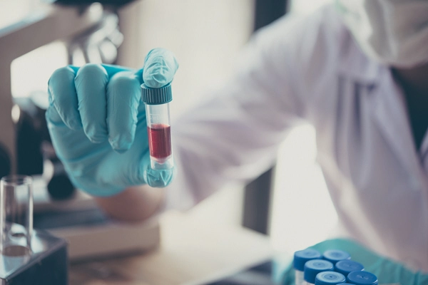 doctor examines small blood sample