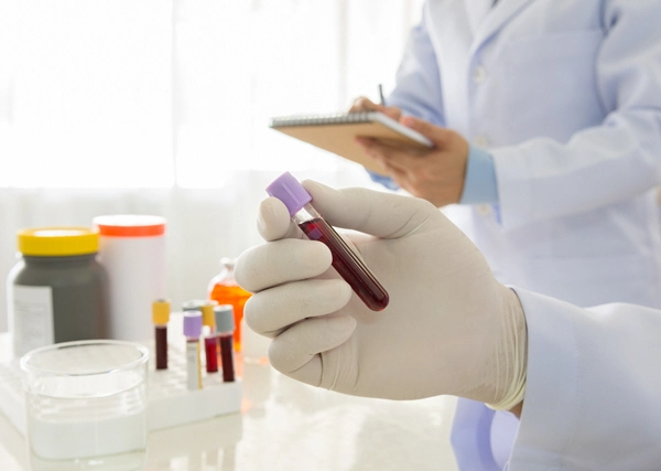 doctor holding a bottle of blood sample in lab