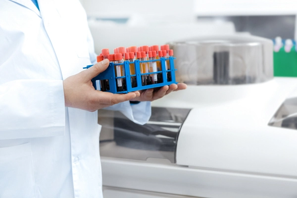 doctor holds rack of test tubes in lab