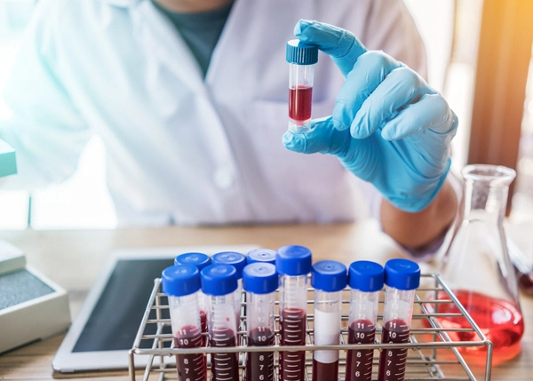 doctor holds small blood sample in lab