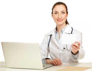 a female testosterone doctor holding an empty card isolated on white background  300x231