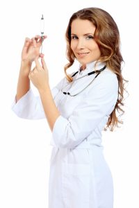 a woman testosterone doctor with a syringe isolated over white  200x300