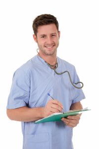 young HGH doctor with stethoscope and clipboard in hands writing a note  200x300