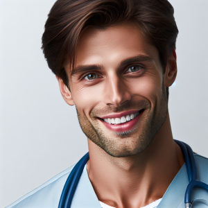 a photo realistic professionally appealing image of a good looking and athletic 35 to 45 year old happy smiling male white doctor with white teeth