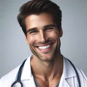 a photo realistic professionally appealing image of a good looking and athletic 35 to 45 year old happy smiling male white doctor with white teeth 312 300x300