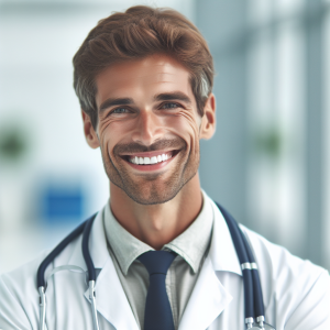 a photo realistic professionally appealing image of a good looking and athletic 35 to 45 year old happy smiling male white doctor with white teeth 346 300x300
