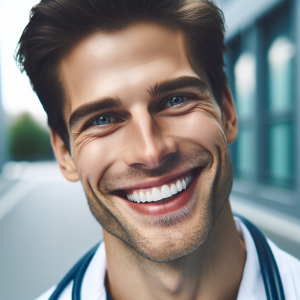 a photo realistic professionally appealing image of a good looking and athletic 35 to 45 year old happy smiling male white doctor with white teeth 381 300x300