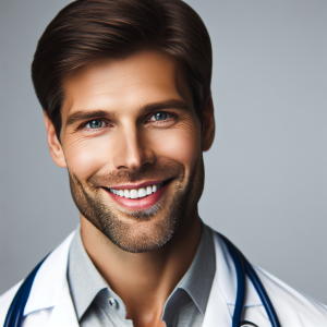 a photo realistic professionally appealing image of a good looking and athletic 35 to 45 year old happy smiling male white doctor with white teeth 389 300x300