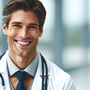a photo realistic professionally appealing image of a good looking and athletic 35 to 45 year old happy smiling male white doctor with white teeth 413 300x300