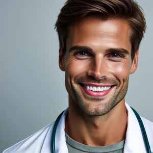 a photo realistic professionally appealing image of a good looking and athletic 35 to 45 year old happy smiling male white doctor with white teeth