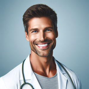 a photo realistic professionally appealing image of a good looking and athletic 35 to 45 year old happy smiling male white doctor with white teeth