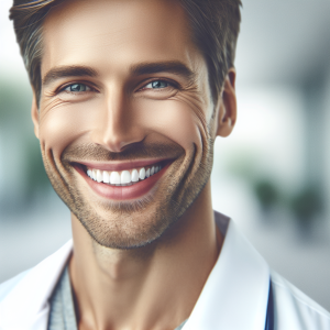 a photo realistic professionally appealing image of a good looking and athletic 35 to 45 year old happy smiling male white doctor with white teeth 565 300x300