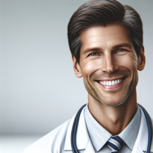 a photo realistic professionally appealing image of a good looking and athletic 35 to 45 year old happy smiling male white doctor with white teeth 571 300x300