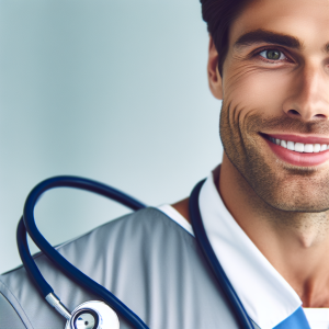 a photo realistic professionally appealing image of a good looking and athletic 35 to 45 year old happy smiling male white doctor with white teeth 572 300x300