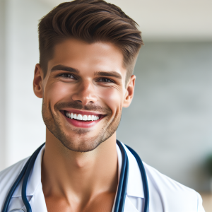 a photo realistic professionally appealing image of a good looking and athletic 35 to 45 year old happy smiling male white doctor with white teeth 601 300x300