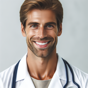 a photo realistic professionally appealing image of a good looking and athletic 35 to 45 year old happy smiling male white doctor with white teeth 610 300x300