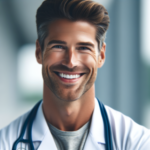 a photo realistic professionally appealing image of a good looking and athletic 35 to 45 year old happy smiling male white doctor with white teeth 717 300x300
