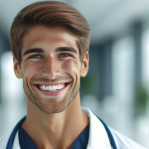 a photo realistic professionally appealing image of a good looking and athletic 35 to 45 year old happy smiling male white doctor with white teeth 781 300x300