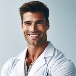 a photo realistic professionally appealing image of a good looking and athletic 35 to 45 year old happy smiling male white doctor with white teeth