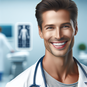 a photo realistic professionally appealing image of a good looking and athletic 35 to 45 year old happy smiling male white doctor with white teeth 860 300x300