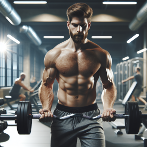 a photo realistic professionally appealing image of a good looking and athletic white man exercising in a gym 227 300x300