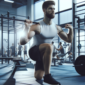 a photo realistic professionally appealing image of a good looking and athletic white man exercising in a gym 599 300x300