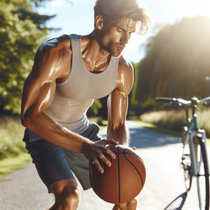 a photo realistic professionally appealing image of a good looking and athletic white man exercising or playing sports outside on a sunny day 245 300x300