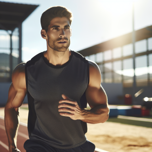 a photo realistic professionally appealing image of a good looking and athletic white man exercising or playing sports outside on a sunny day 345 300x300