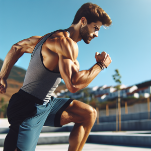 a photo realistic professionally appealing image of a good looking and athletic white man exercising or playing sports outside on a sunny day 362 300x300