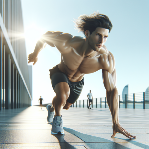 a photo realistic professionally appealing image of a good looking and athletic white man exercising or playing sports outside on a sunny day 372 300x300