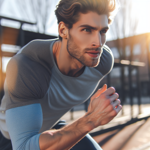 a photo realistic professionally appealing image of a good looking and athletic white man exercising or playing sports outside on a sunny day 477 300x300