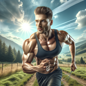a photo realistic professionally appealing image of a good looking and athletic white man exercising or playing sports outside on a sunny day 712 300x300