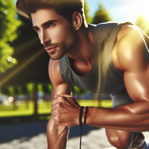 a photo realistic professionally appealing image of a good looking and athletic white man exercising or playing sports outside on a sunny day 756 300x300