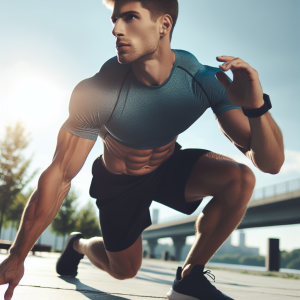 a photo realistic professionally appealing image of a good looking and athletic white man exercising or playing sports outside on a sunny day 977 300x300