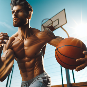 a photo realistic professionally appealing image of a good looking and athletic white man exercising or playing sports outside on a sunny day 994 300x300