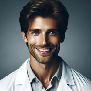 a photorealistic professional appealing image of a good looking and athletic 35 to 45 year old happy smiling male caucasian doctor with white teeth 173 300x300