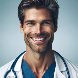 a photorealistic professional appealing image of a good looking and athletic 35 to 45 year old happy smiling male caucasian doctor with white teeth 241 300x300
