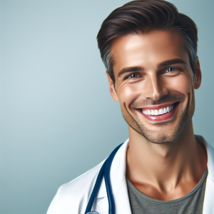 a photorealistic professional appealing image of a good looking and athletic 35 to 45 year old happy smiling male caucasian doctor with white teeth 466 300x300
