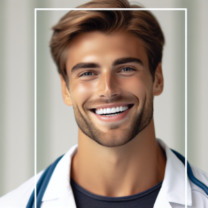 a photorealistic professional appealing image of a good looking and athletic 35 to 45 year old happy smiling male caucasian doctor with white teeth 516 300x300