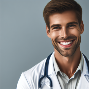 a photorealistic professional appealing image of a good looking and athletic 35 to 45 year old happy smiling male caucasian doctor with white teeth 545 300x300